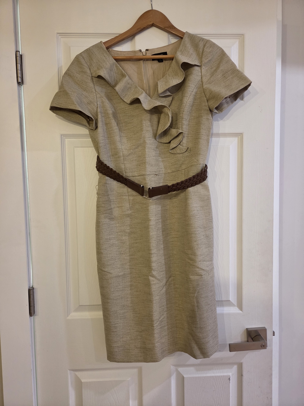 Tahari Beige Ruffle-Front Sheath Dress with Belt